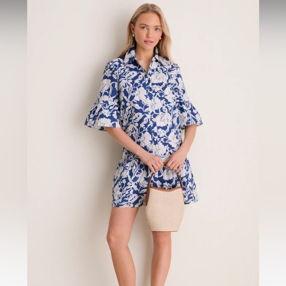 Tuckernuck Hyacinth House Navy Multi Floral Vera Shirt Dress size small
